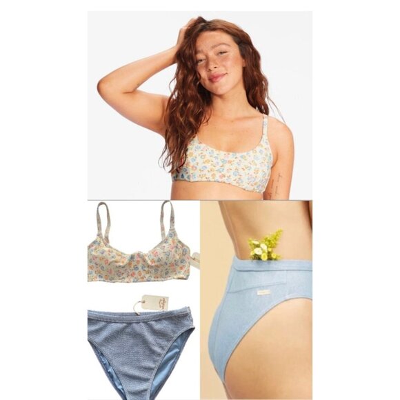 Billabong Bikini Set Ditsy Dreamin Top and Down With Denim High Maui Bottom Sz L - Picture 1 of 17